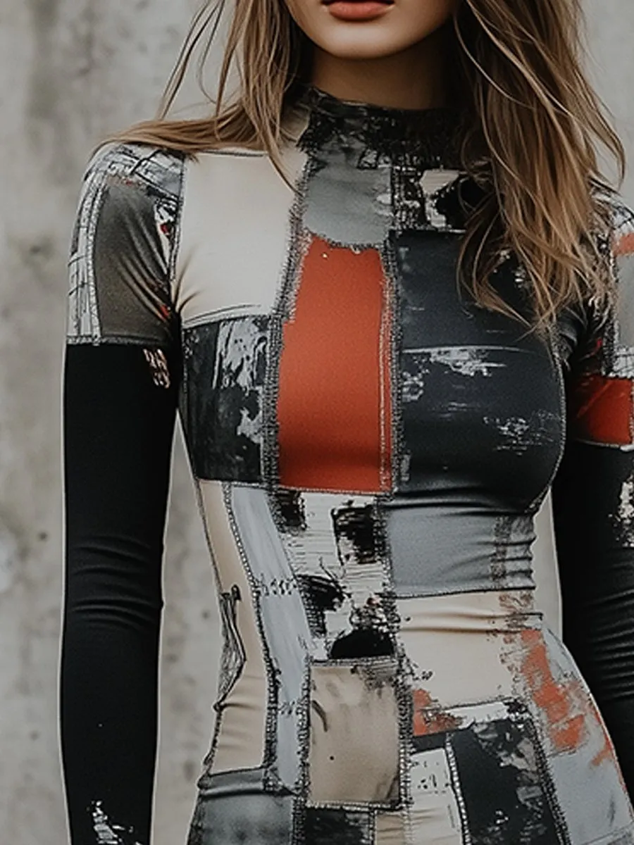 Modern Abstract Patchwork Turtleneck Top