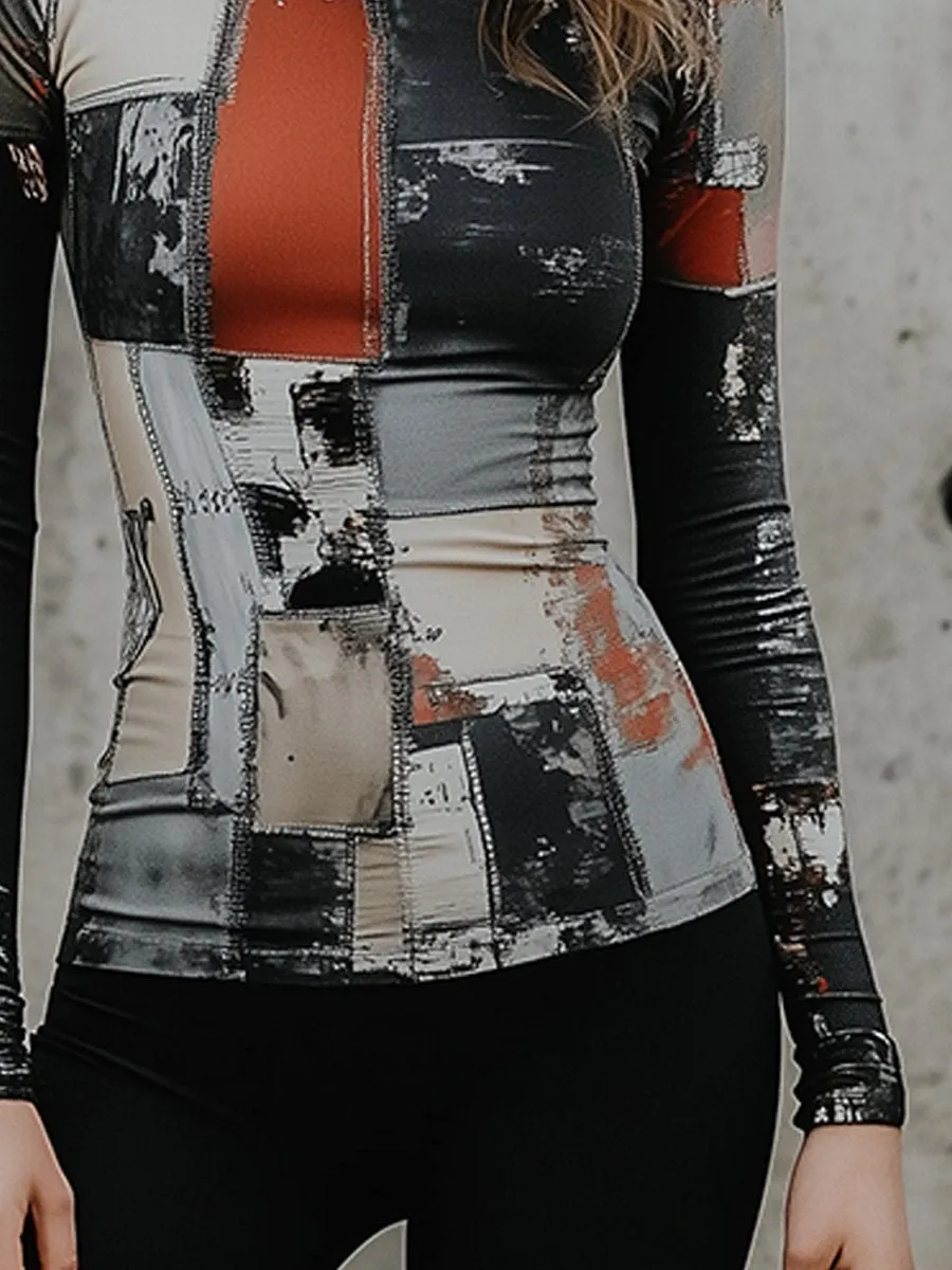 Modern Abstract Patchwork Turtleneck Top