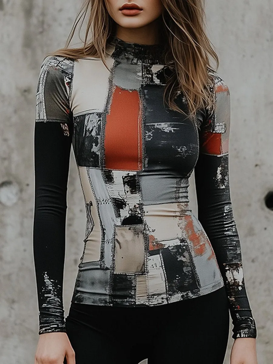 Modern Abstract Patchwork Turtleneck Top