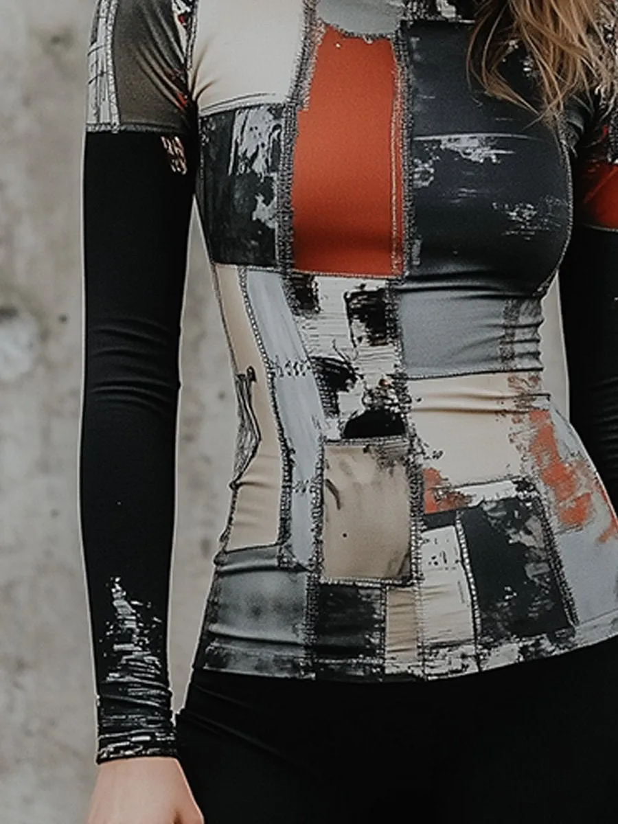 Modern Abstract Patchwork Turtleneck Top