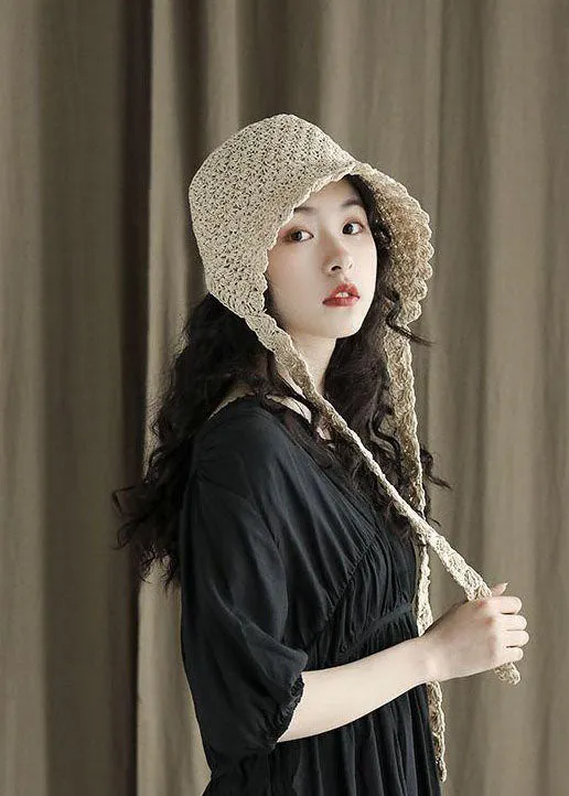 Modern Beige Lace Up Straw Woven Bucket Hat