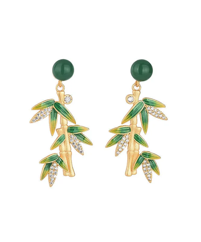 Modern Green Zircon Cloisonne Chalcedony Bamboo Leaf Drop Earrings