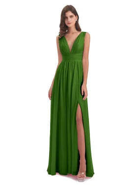 Moss Bridesmaid Dresses Charming Chiffon V Neck Split Long Bridesmaid Dresses