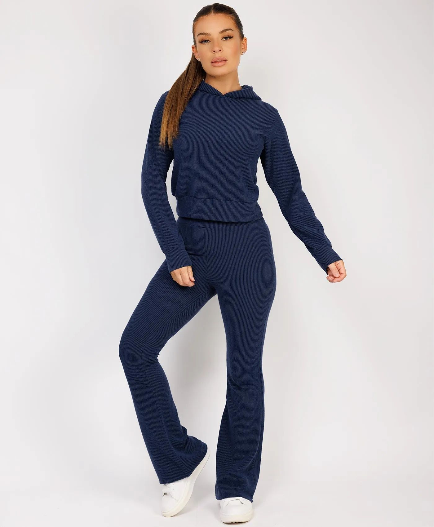 Navy Ribbed Hoody & Skinny Flare Trousers Loungewear Set