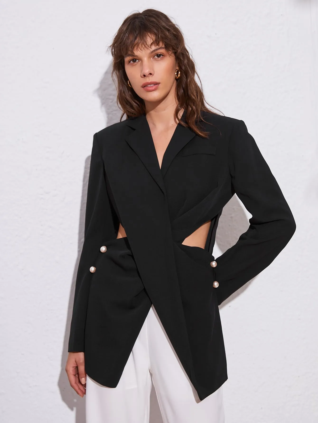 Notched Collar Twist Front Buttoned Detail Blazer