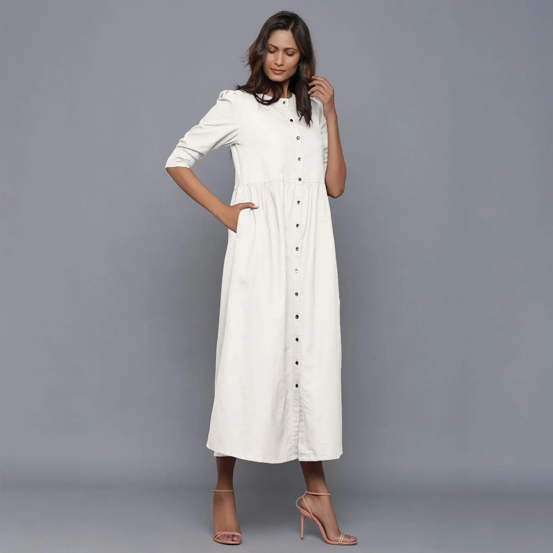 Off-White Warm Cotton Flannel Gathered Maxi Dress