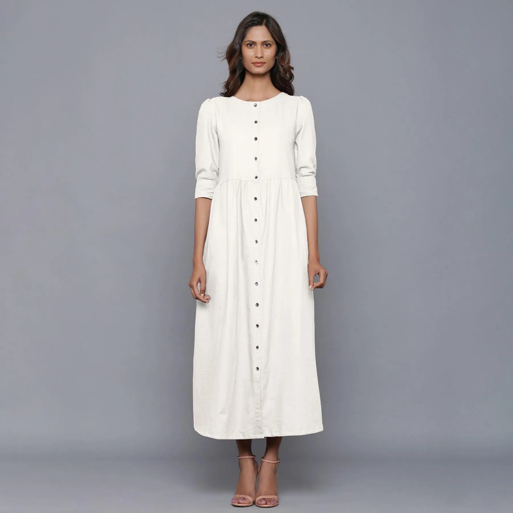 Off-White Warm Cotton Flannel Gathered Maxi Dress