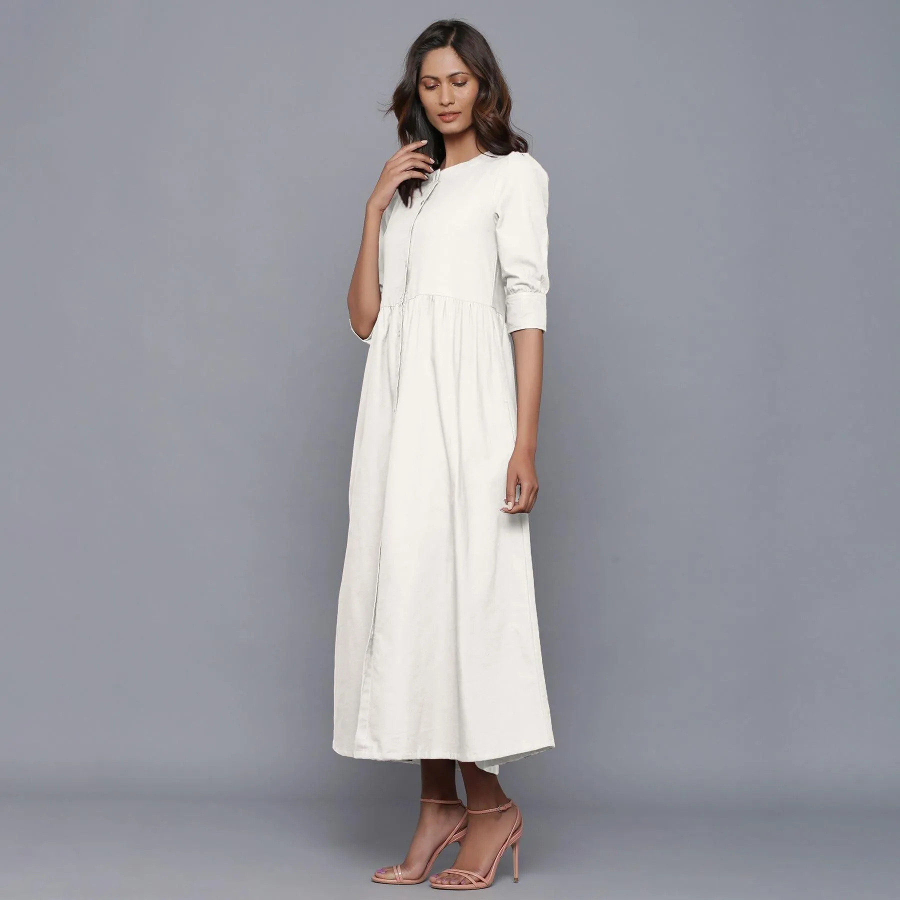 Off-White Warm Cotton Flannel Gathered Maxi Dress