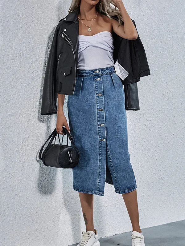 Pleated Split-Joint Loose Denim Skirts