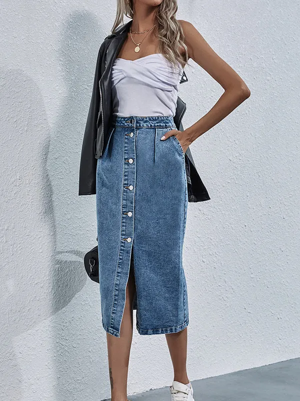 Pleated Split-Joint Loose Denim Skirts