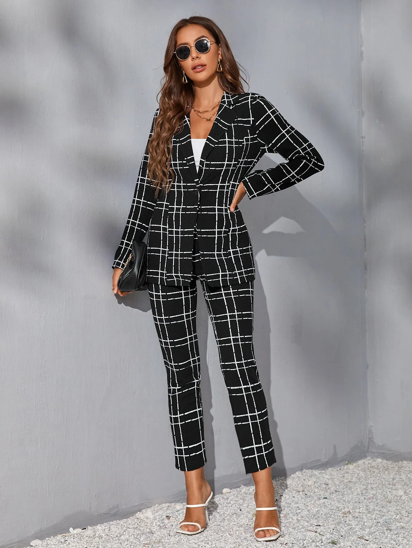 Privé Plaid Print Lapel Neck Blazer & Pants