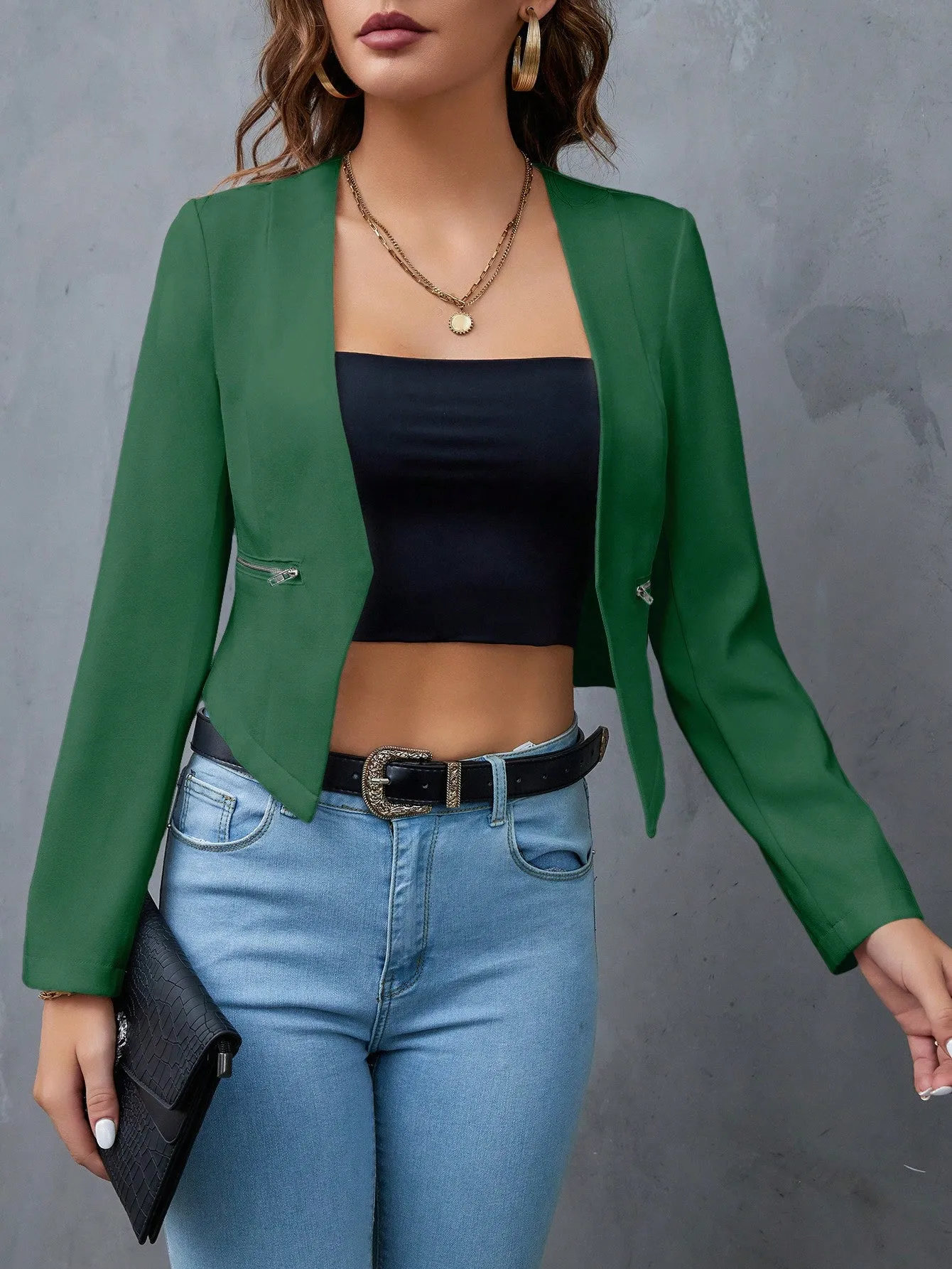 Privé Solid Open Front Crop Blazer