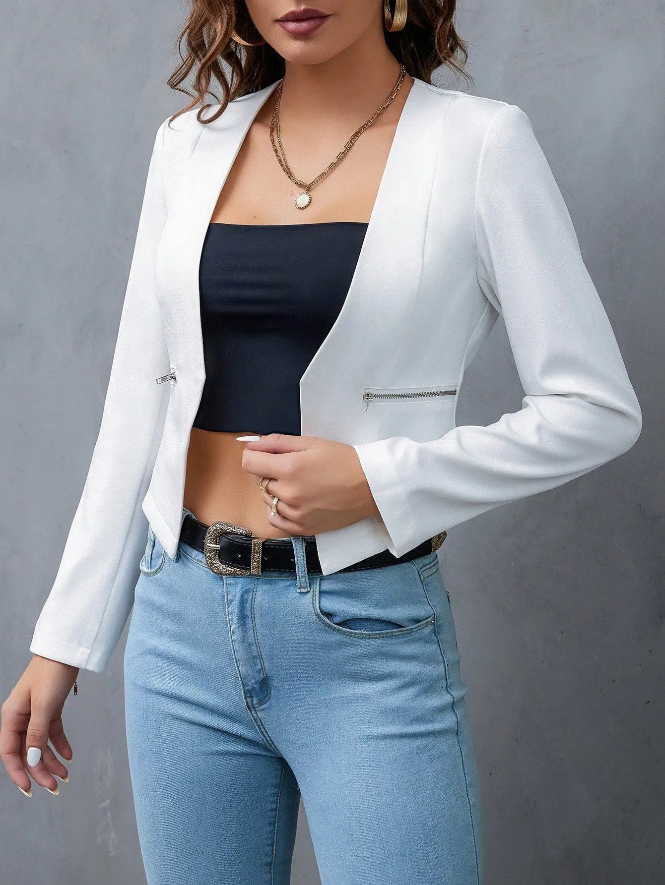 Privé Solid Open Front Crop Blazer