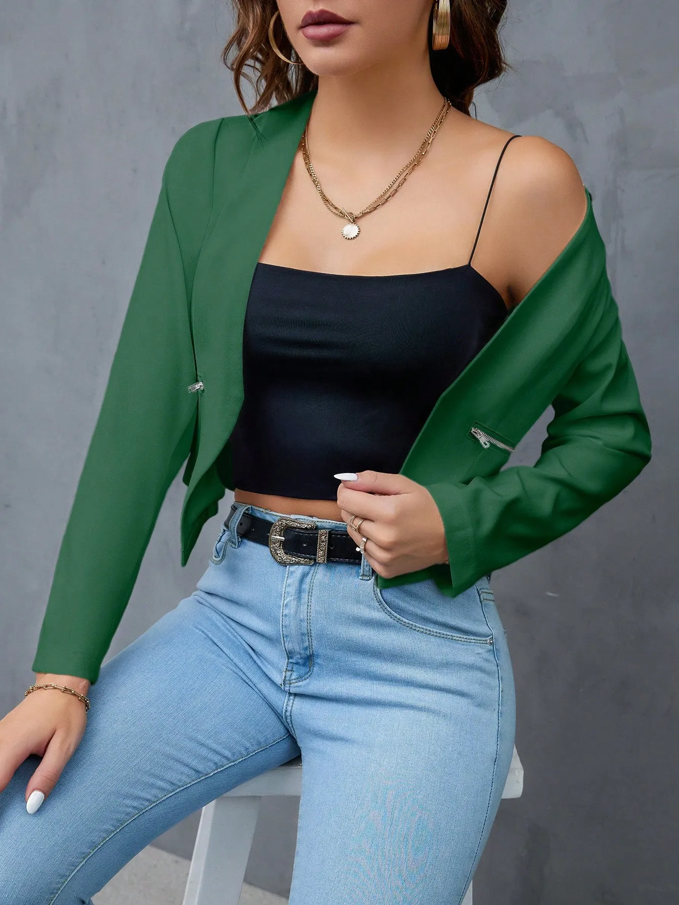 Privé Solid Open Front Crop Blazer