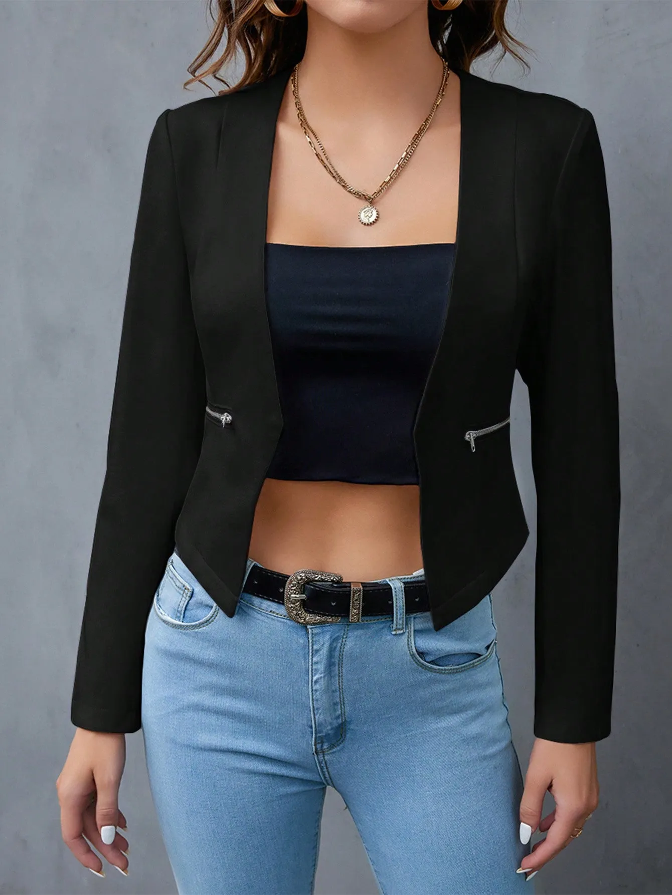 Privé Solid Open Front Crop Blazer