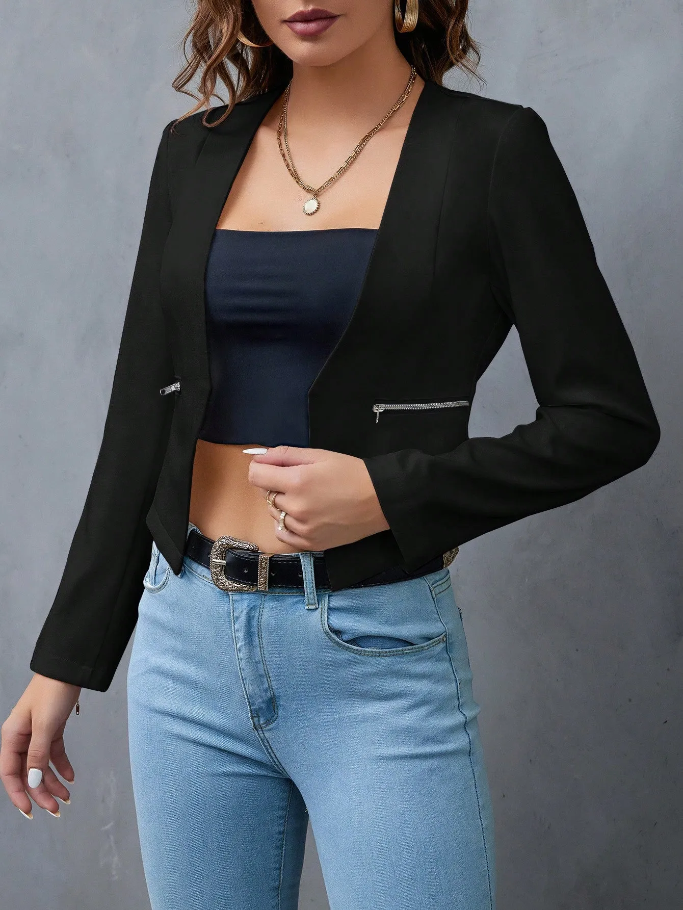 Privé Solid Open Front Crop Blazer