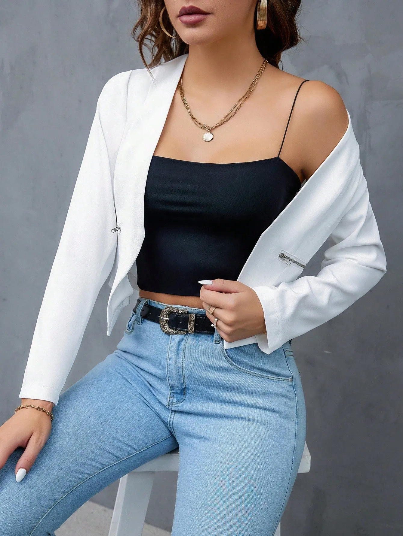 Privé Solid Open Front Crop Blazer