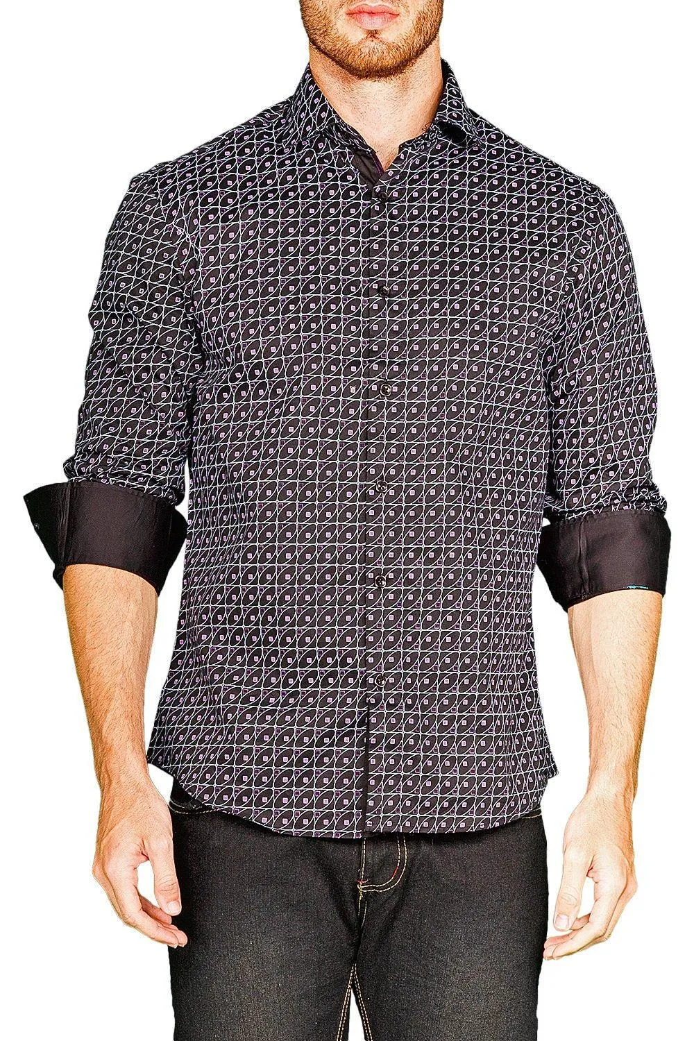 Retro Geometric Print Black Button Up Long Sleeve Dress Shirt