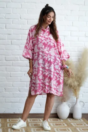 Rosella In Pink Hand Block Printed Oversize Shirt