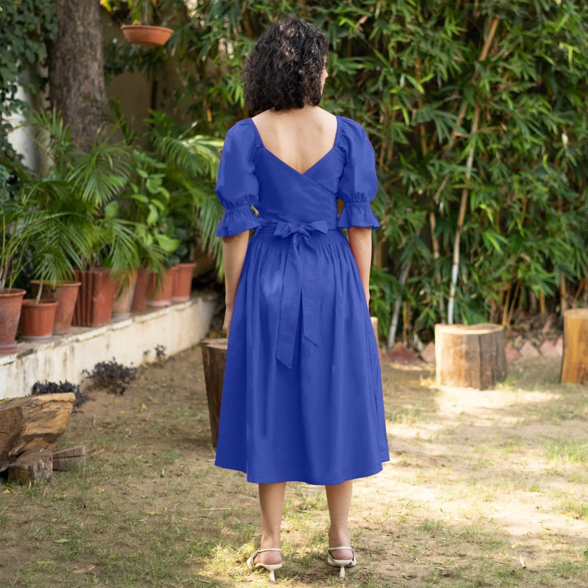 Royal Blue Cotton Poplin V-Neck Gathered Midi Wrap Dress