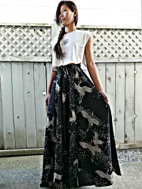 Sakura Crane 8 Panel Print Long Skirts