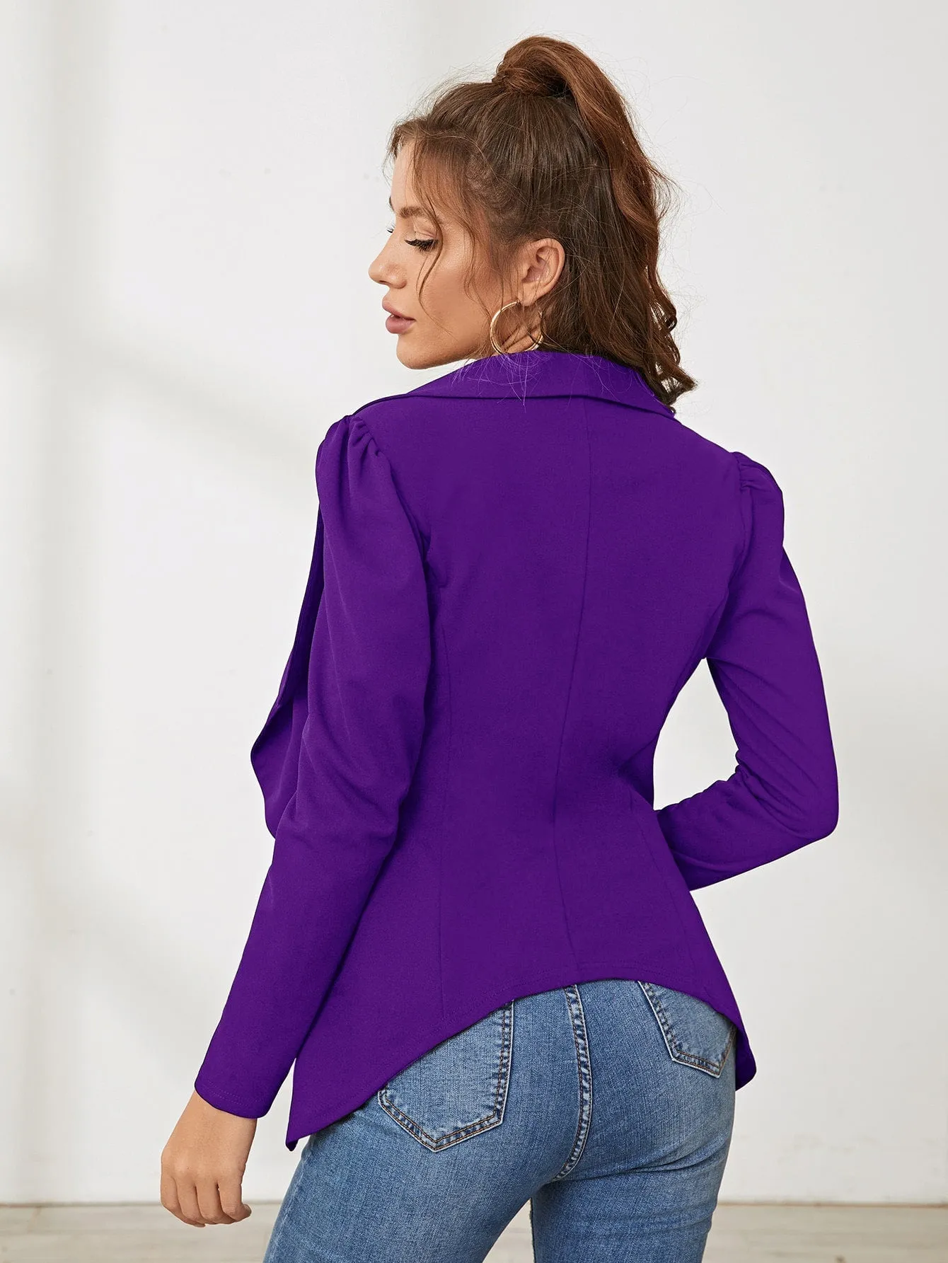 Shawl Collar Gigot Sleeve Asymmetrical Hem Blazer