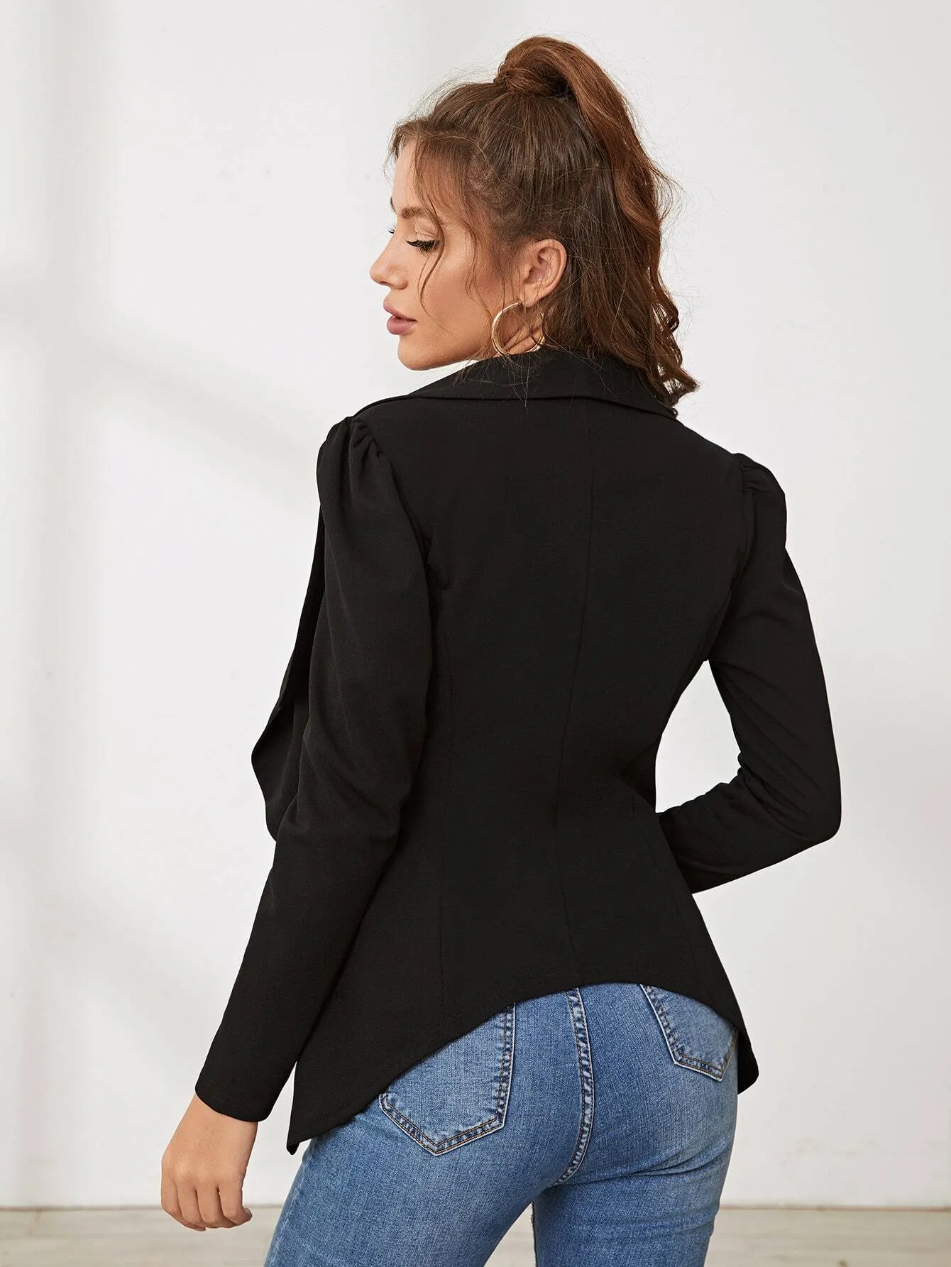 Shawl Collar Gigot Sleeve Asymmetrical Hem Blazer