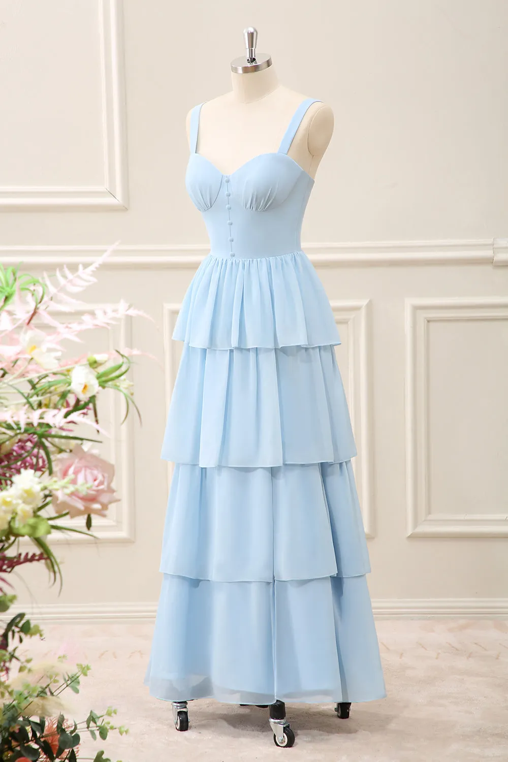 Sky Blue Ruffled Chiffon A Line Tiered Maxi Dress