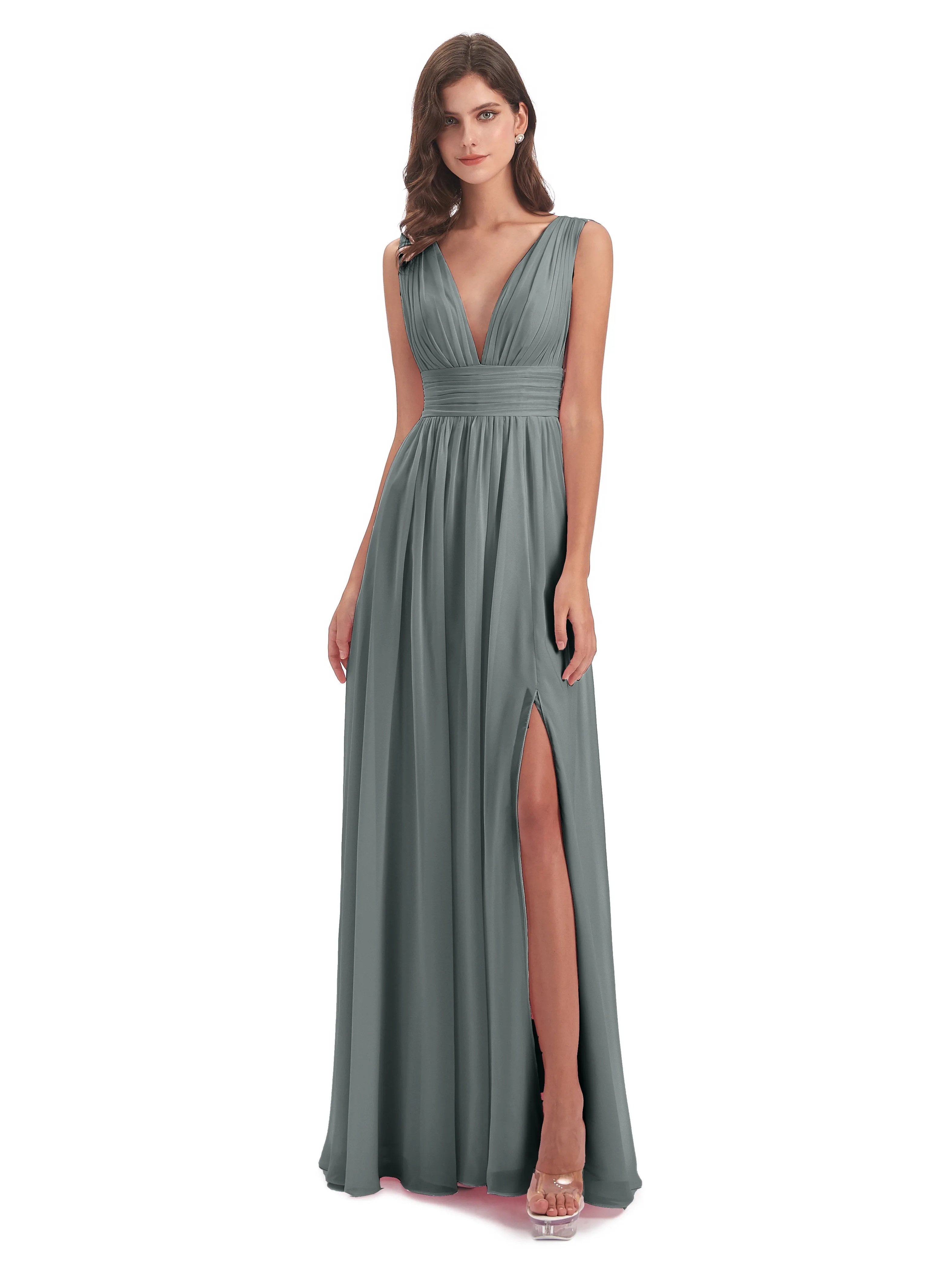 Steel Grey Bridesmaid Dresses Uk Charming Chiffon V Neck Split Long Bridesmaid Dresses