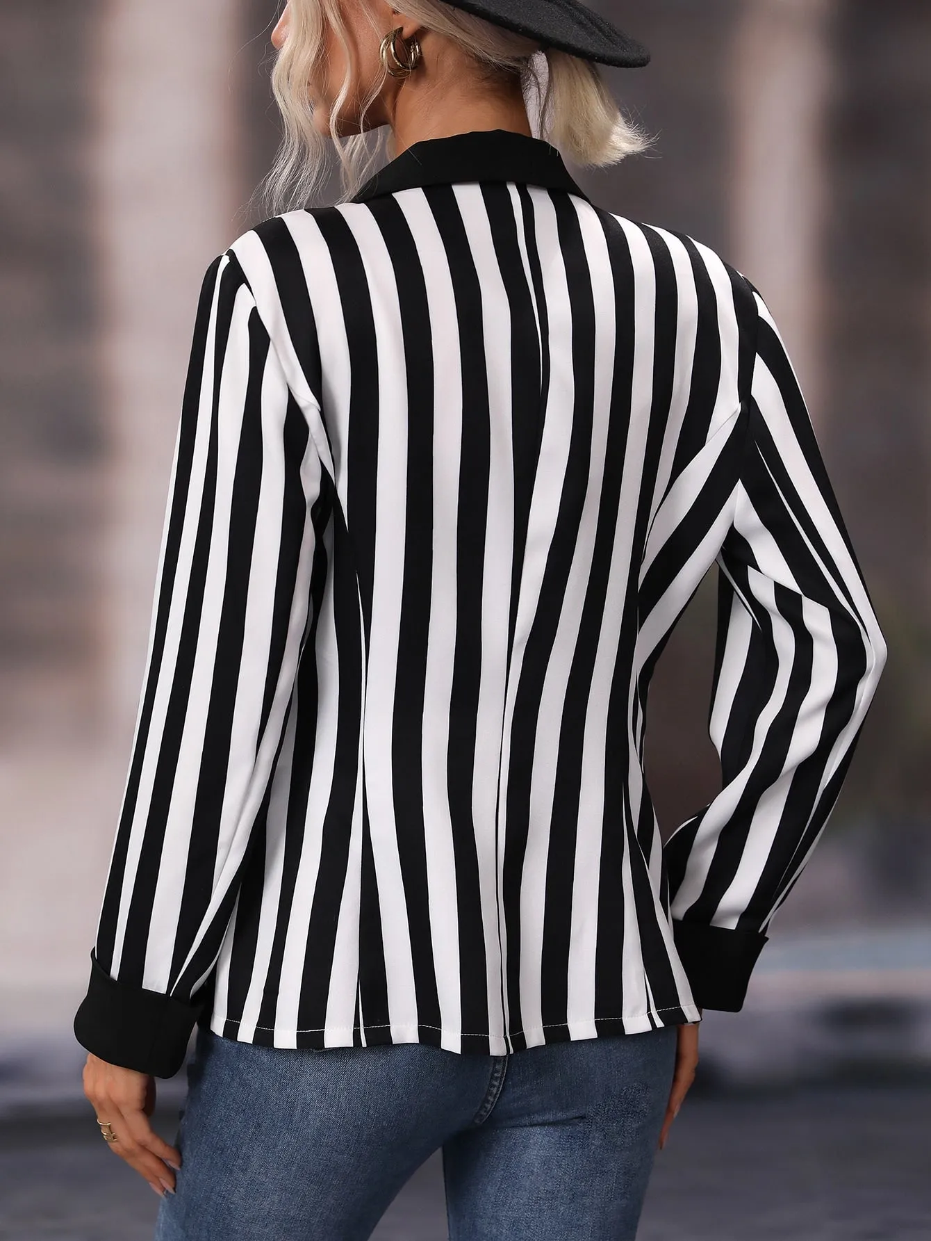 Striped Print Lapel Collar Single Breasted Blazer