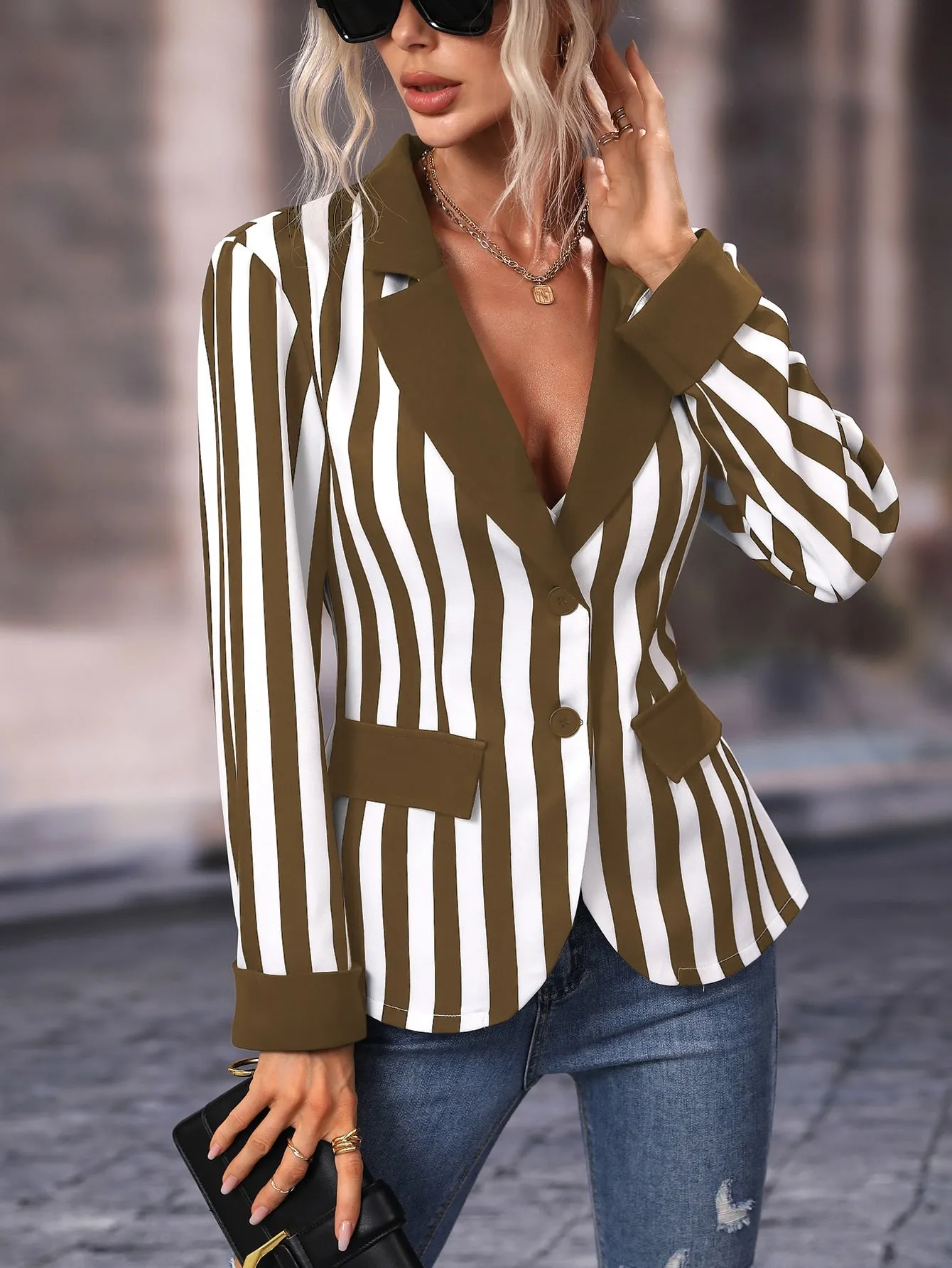 Striped Print Lapel Collar Single Breasted Blazer