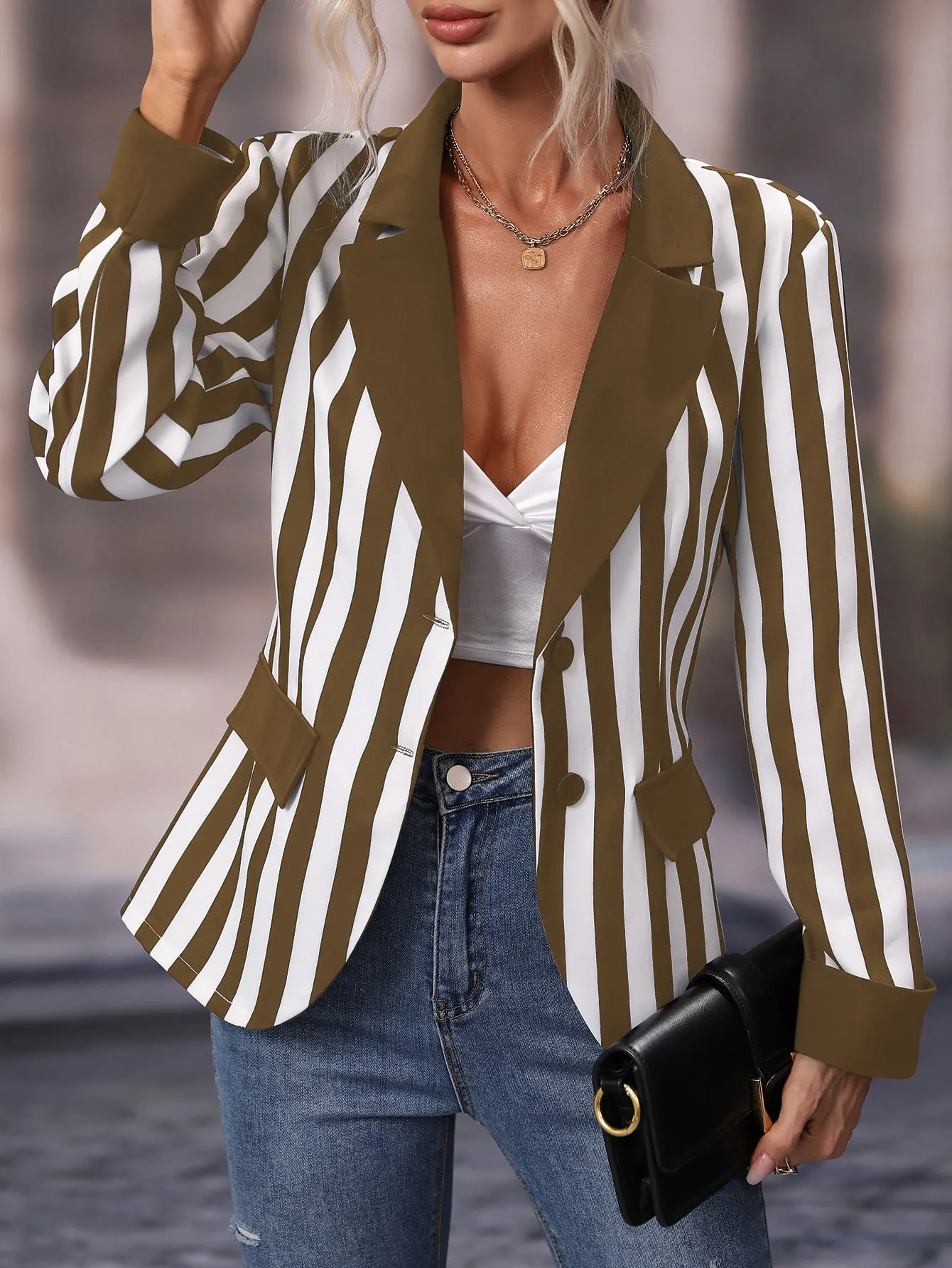 Striped Print Lapel Collar Single Breasted Blazer