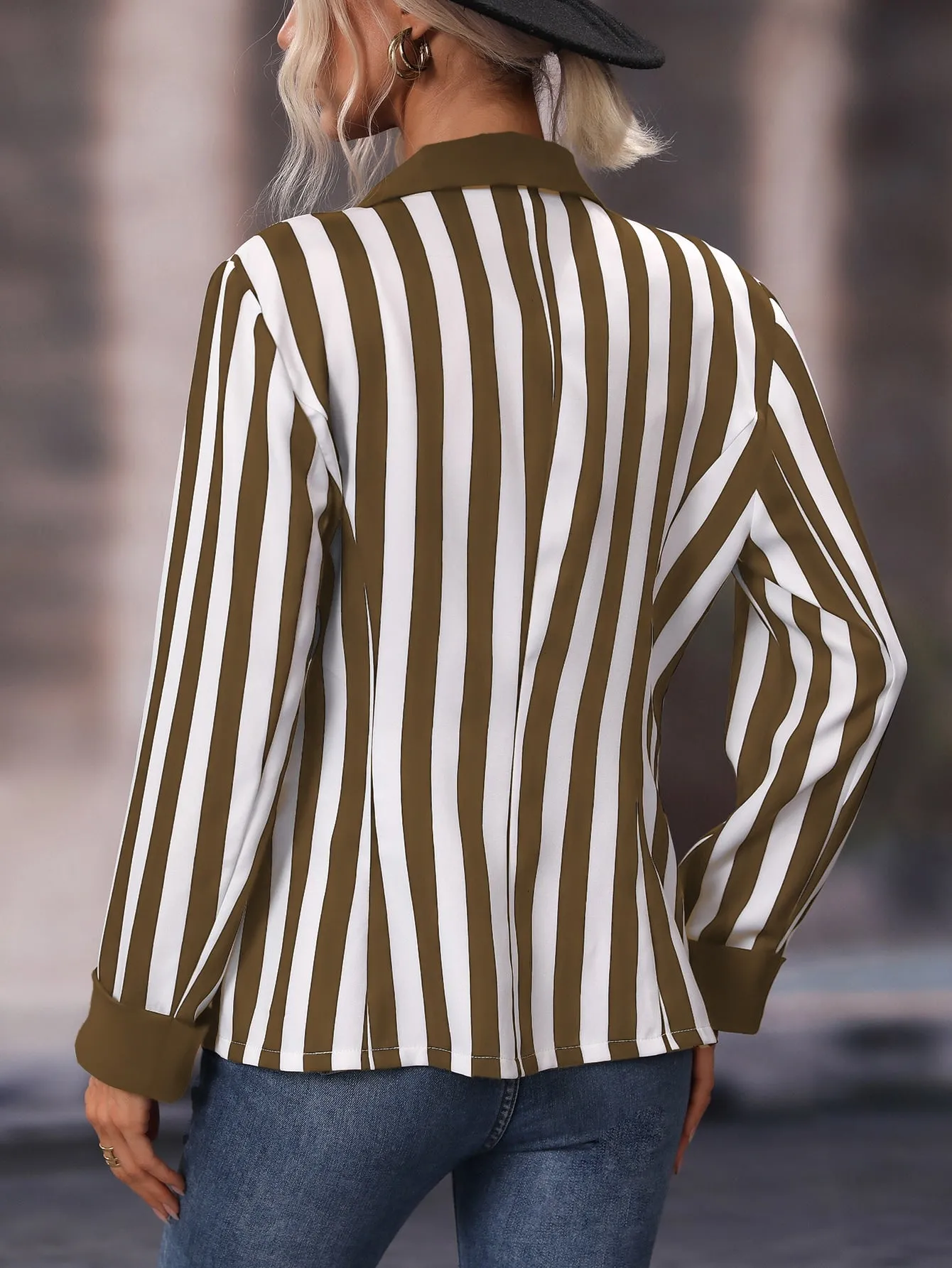 Striped Print Lapel Collar Single Breasted Blazer