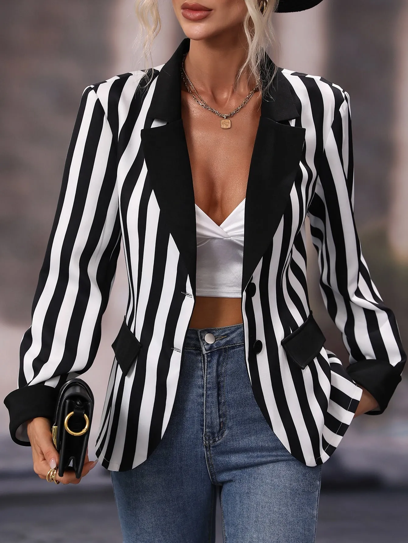 Striped Print Lapel Collar Single Breasted Blazer