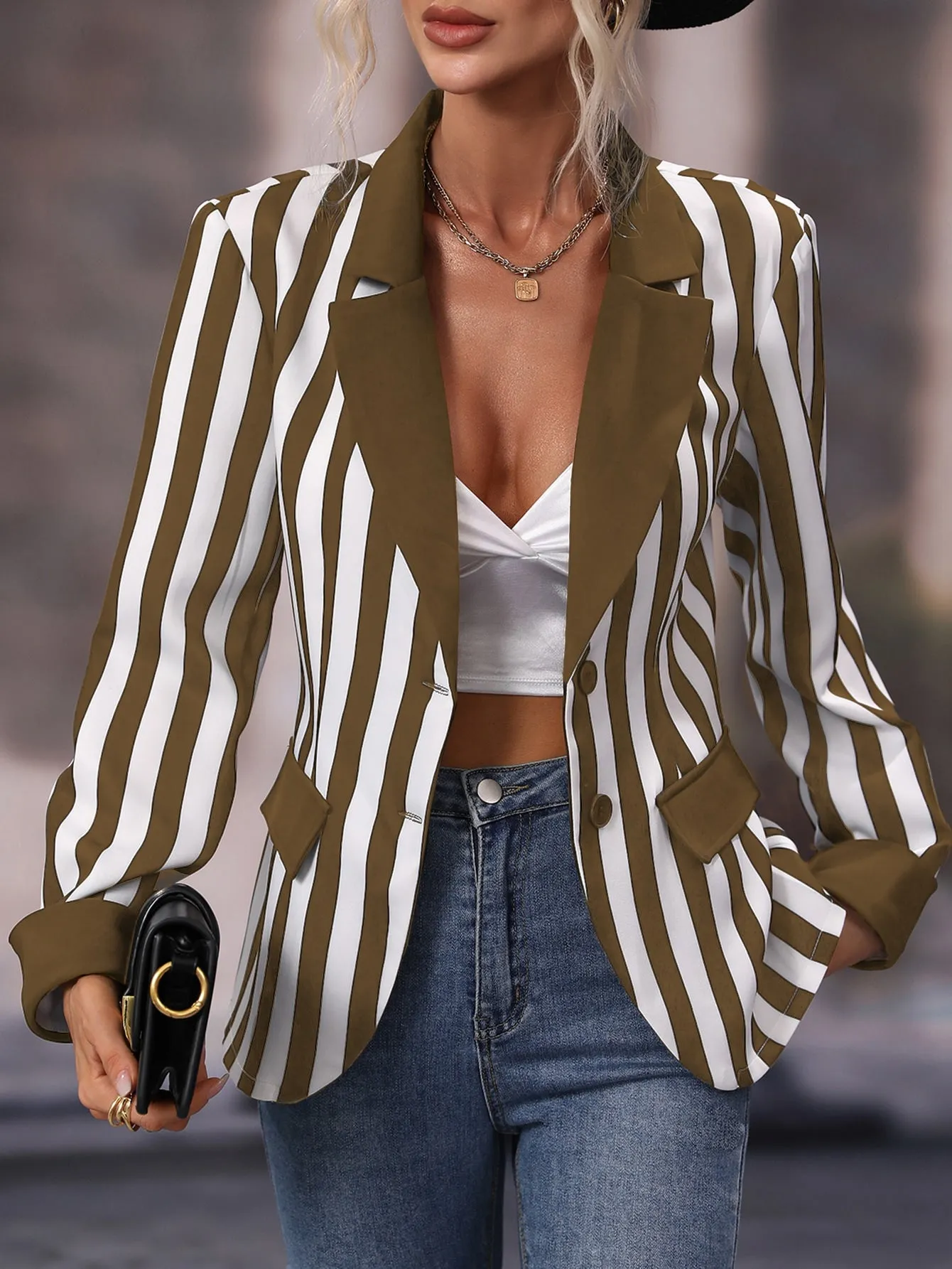 Striped Print Lapel Collar Single Breasted Blazer