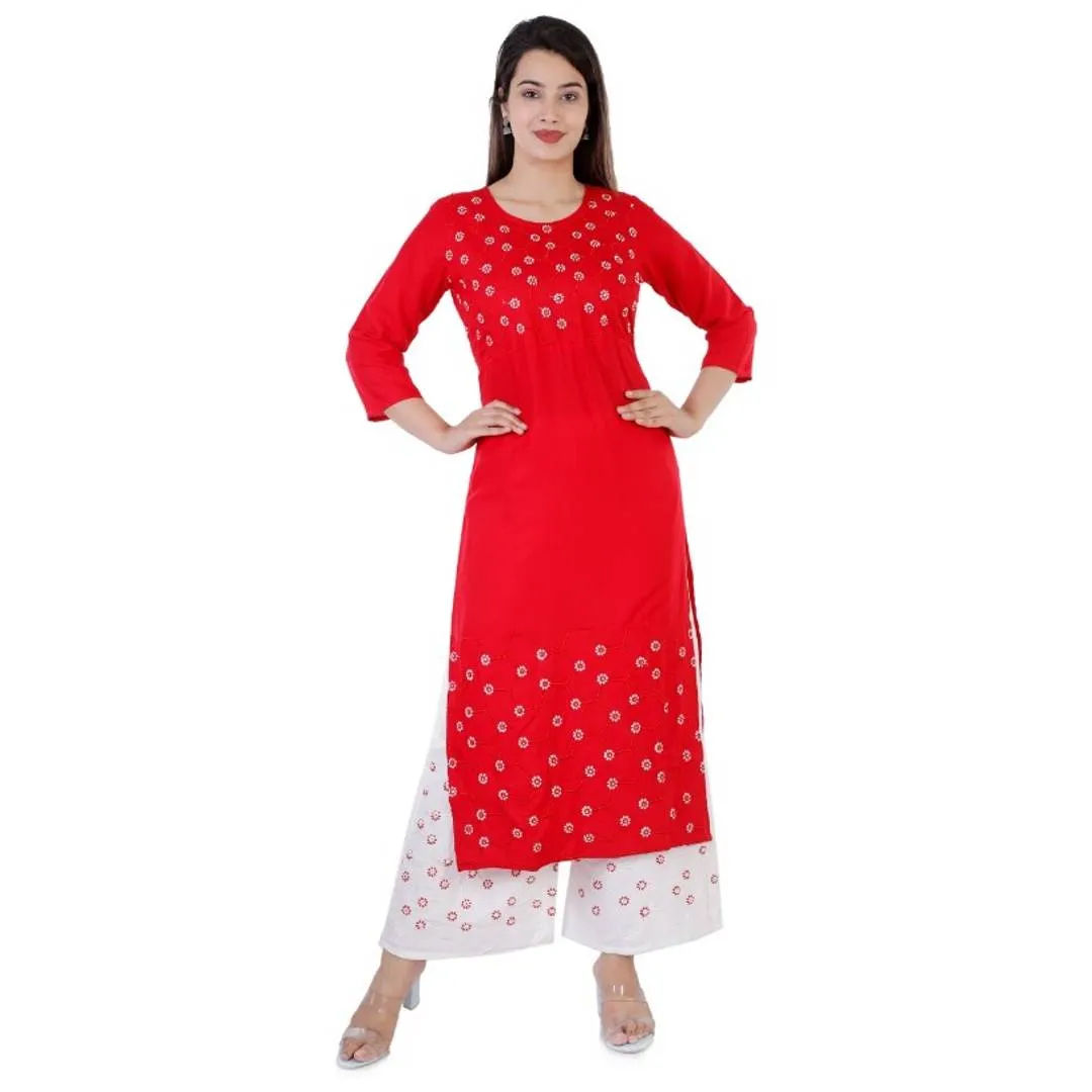 Stylish Red Kurti and White Katha Work Palazzo Set