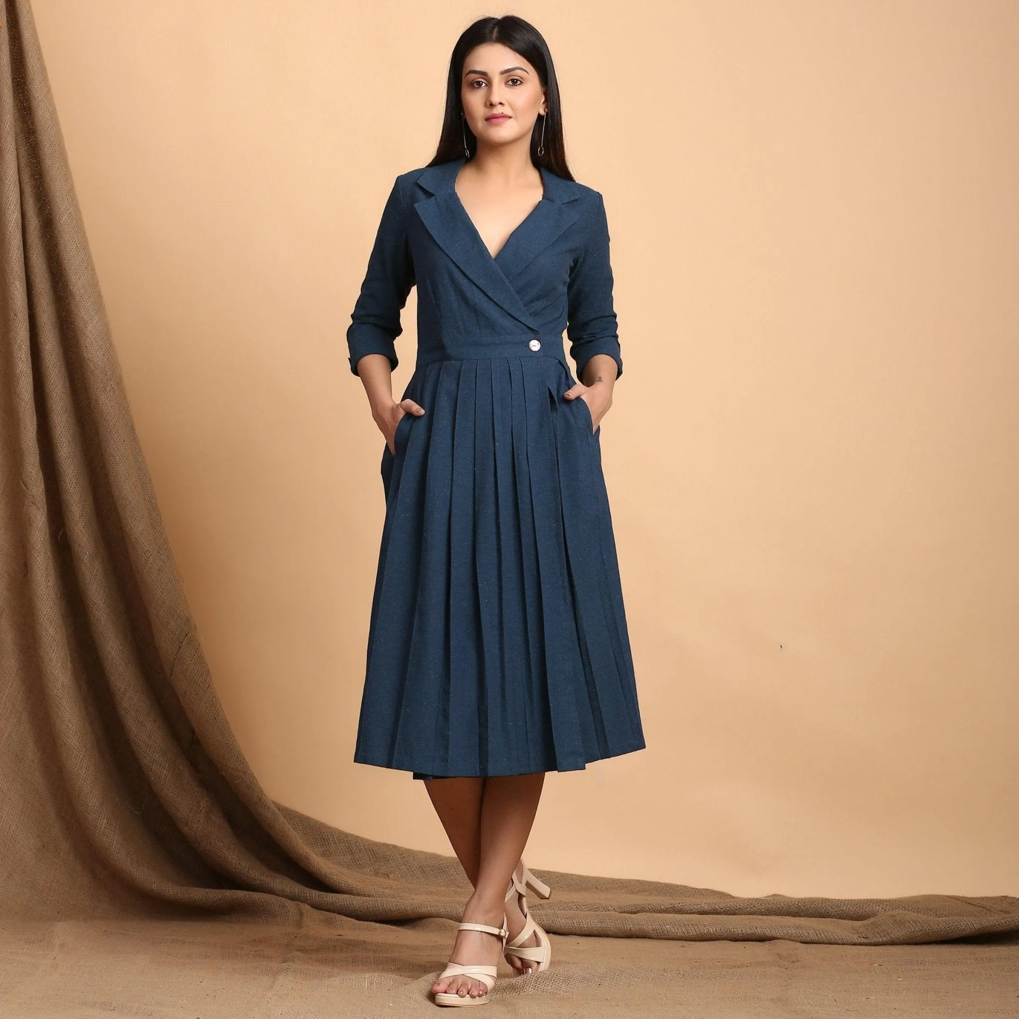 Teal Notched Collar Cotton Knee Length Wrap Dress