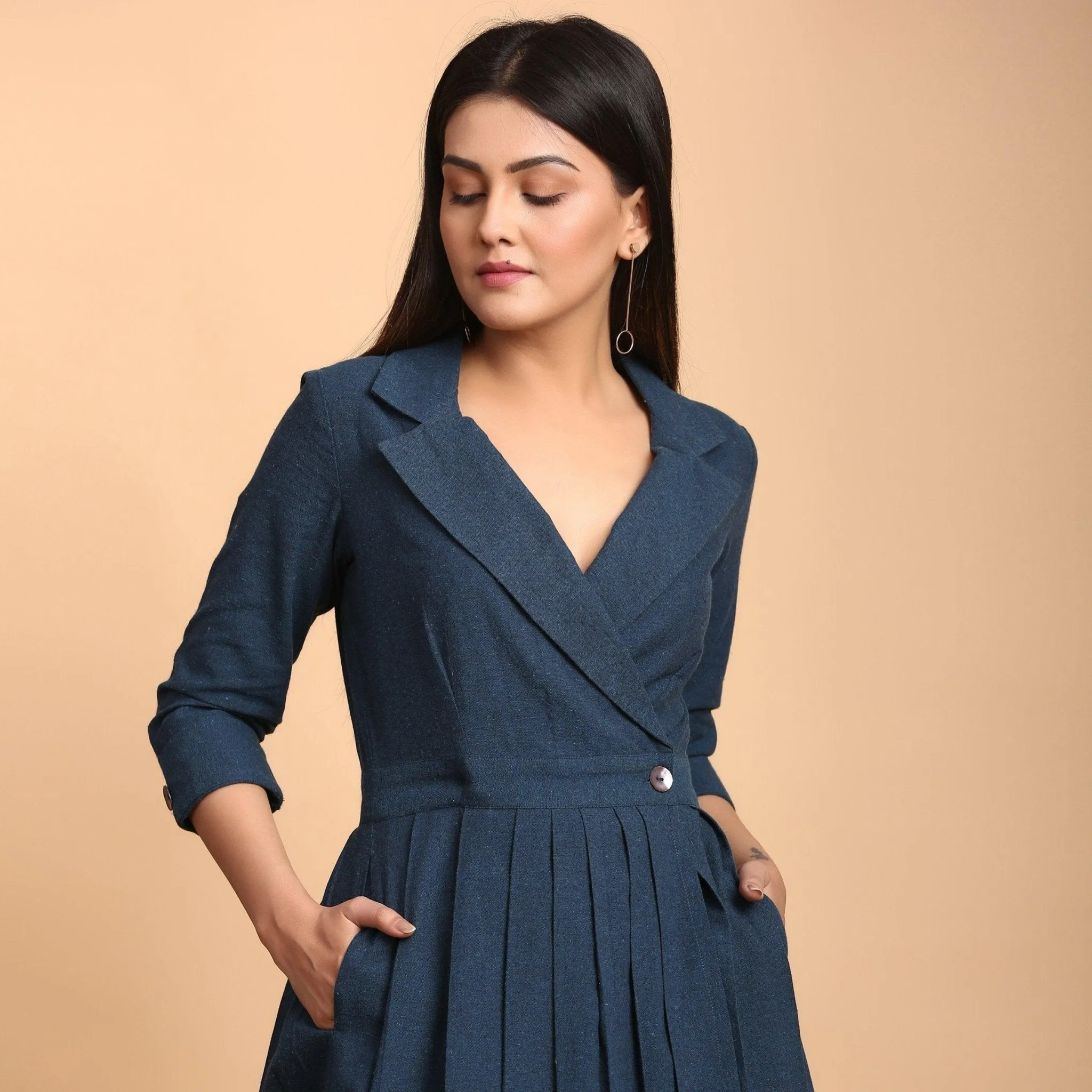 Teal Notched Collar Cotton Knee Length Wrap Dress