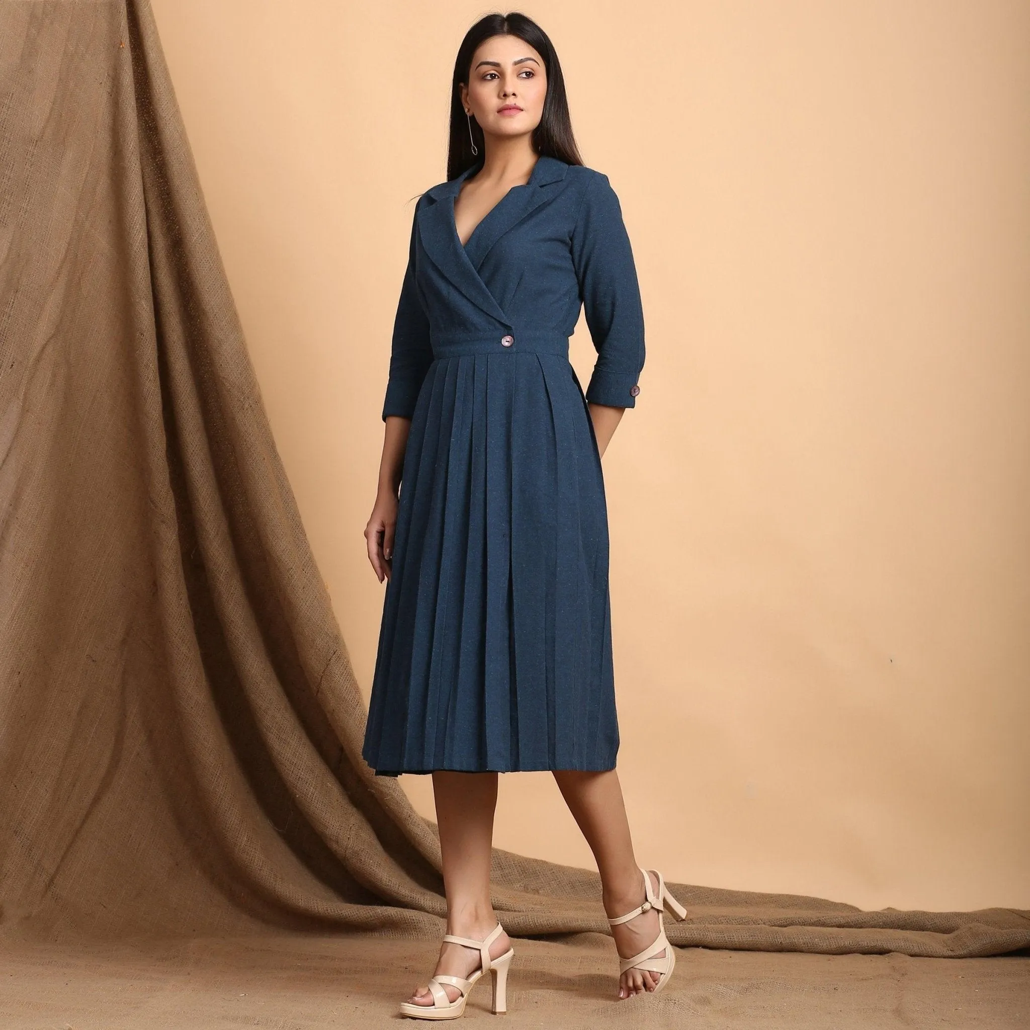 Teal Notched Collar Cotton Knee Length Wrap Dress