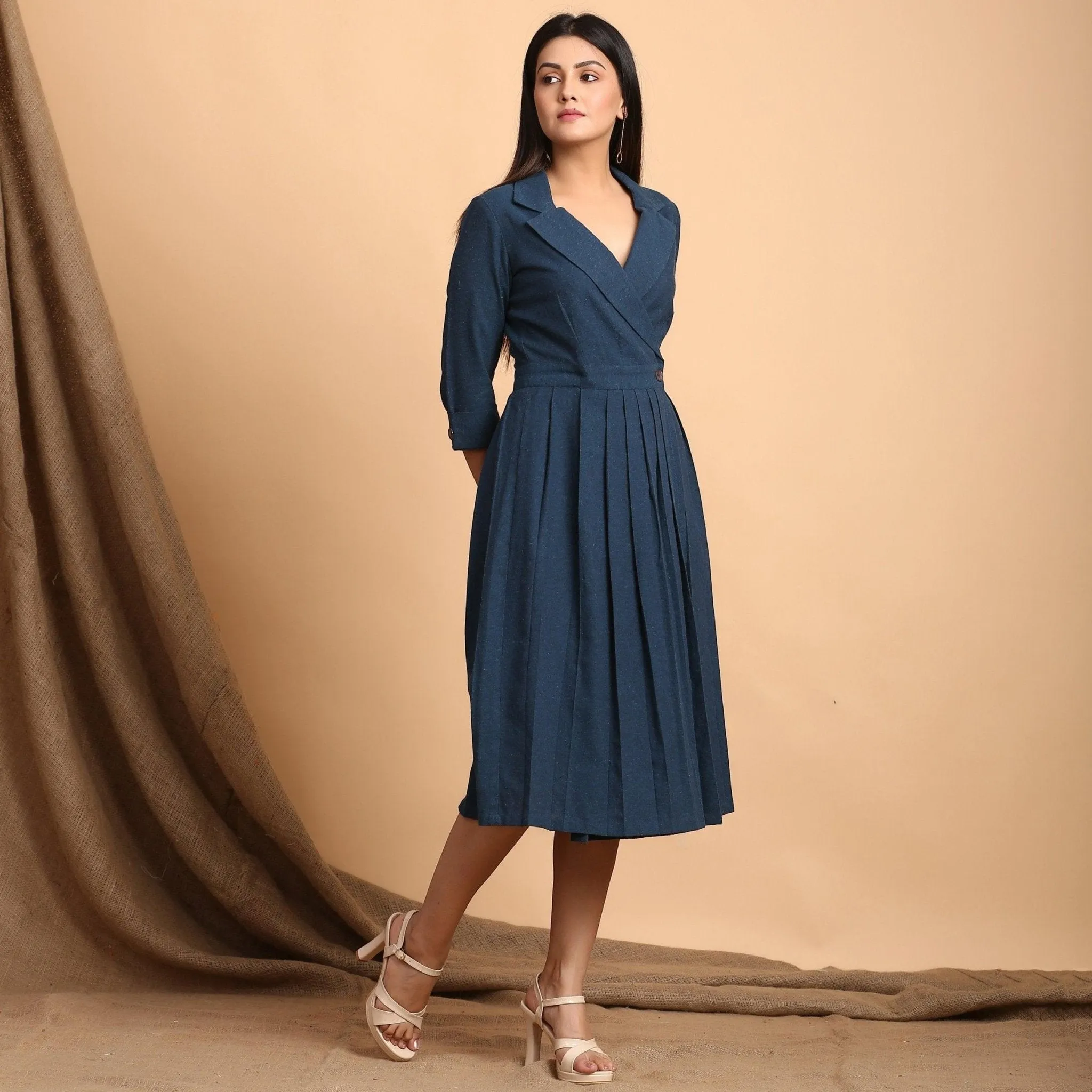 Teal Notched Collar Cotton Knee Length Wrap Dress