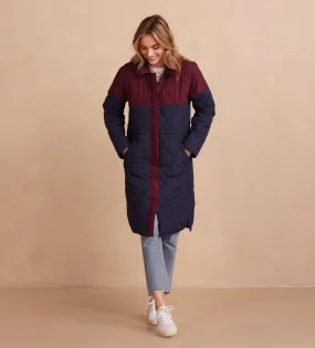 The Long Colorblock Eco Quilted Coat - Midnight & Black Cherry