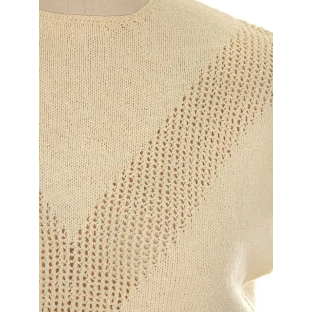 Vintage Ladies Sweater Hand Knit Rayon Warm Cream Neat Openwork 1950s Small