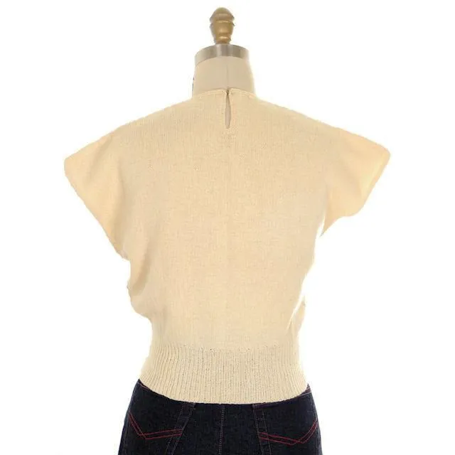 Vintage Ladies Sweater Hand Knit Rayon Warm Cream Neat Openwork 1950s Small