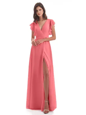 Watermelon Coloured Bridesmaid Dresses Hope Charming V Neck Long Chiffon Bridesmaid Dresses