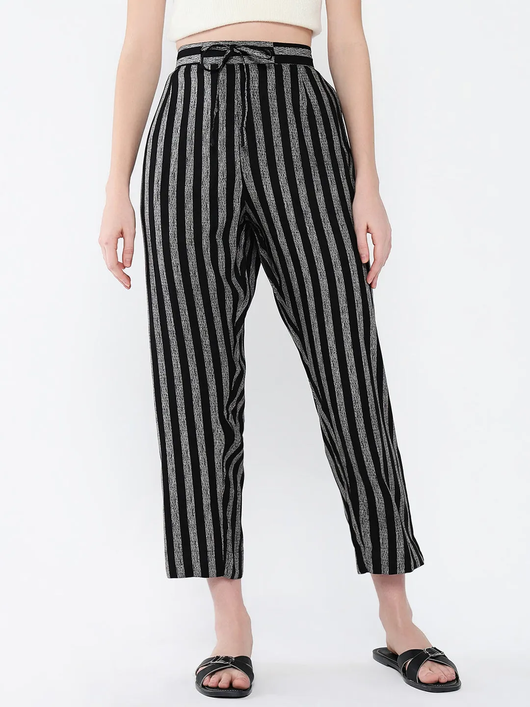 Women Black Striped Cropped Peg Trousers