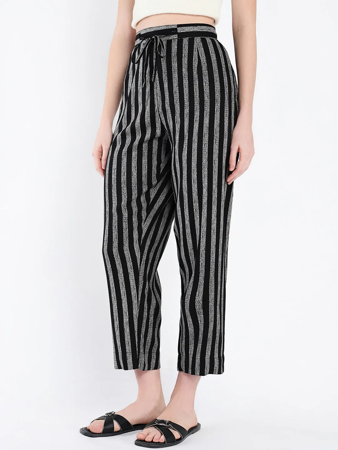 Women Black Striped Cropped Peg Trousers