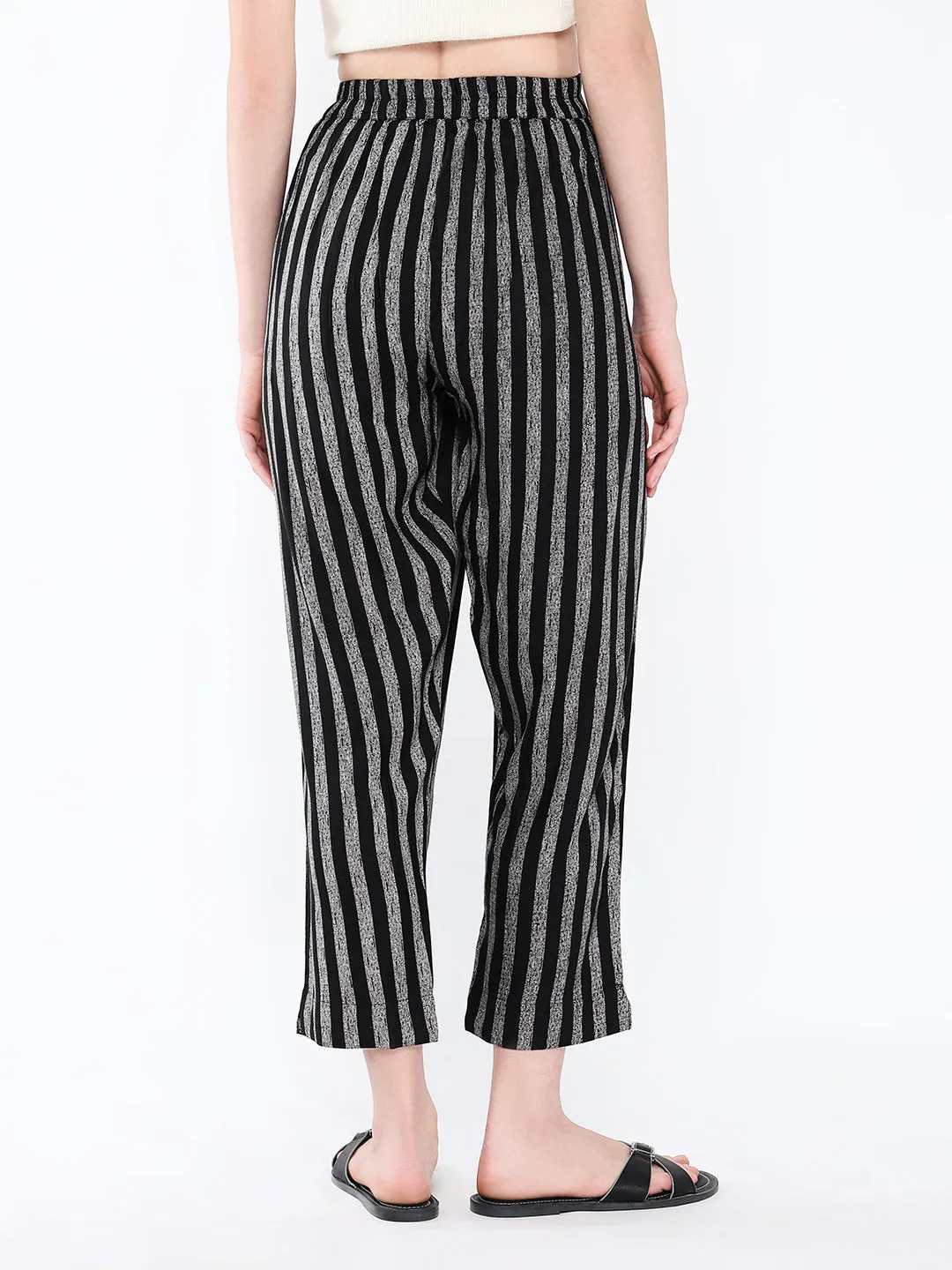 Women Black Striped Cropped Peg Trousers