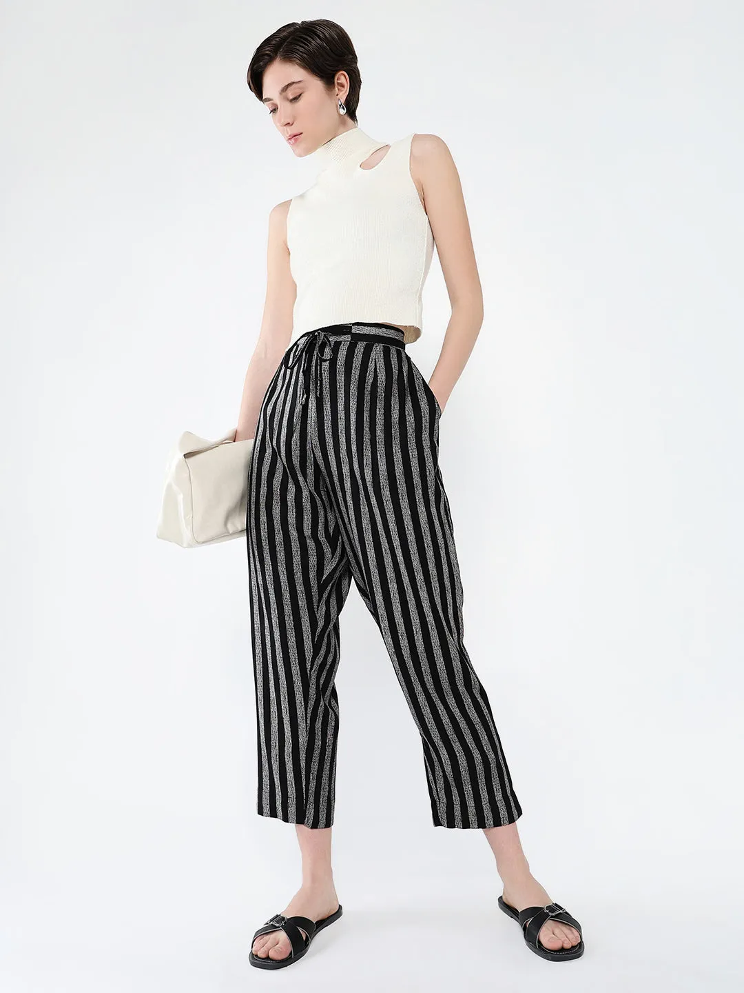 Women Black Striped Cropped Peg Trousers