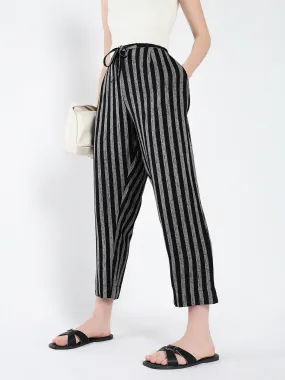 Women Black Striped Cropped Peg Trousers