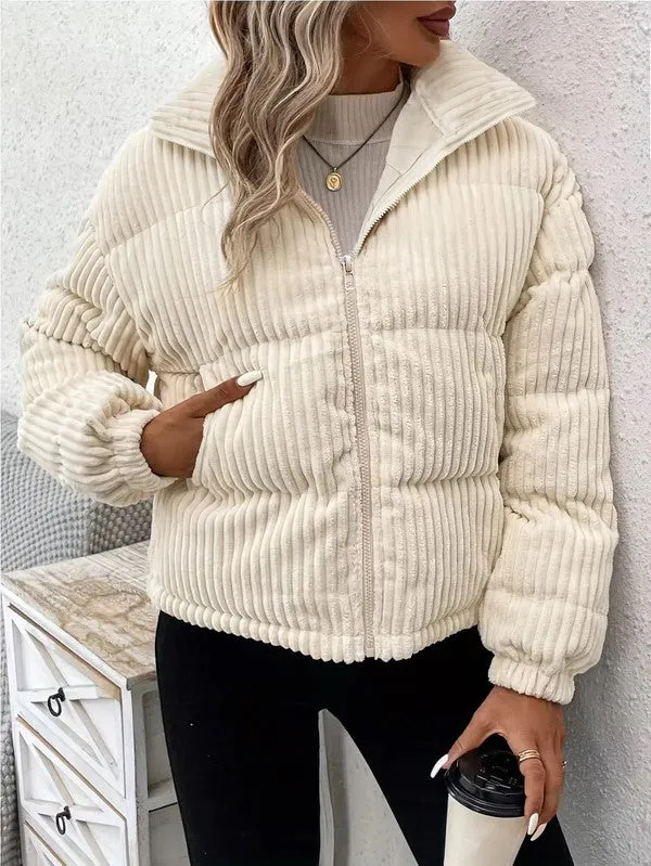 Women's Casual Warm Corduroy Zip-Up Collar Winter Jacket in Beige | Ideal for Autumn/Winter